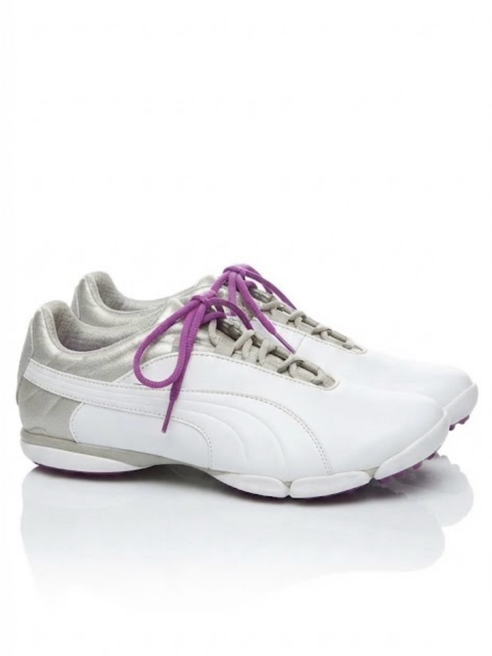 Puma Women's White and Gray Athletic Sneakers with Purple Laces